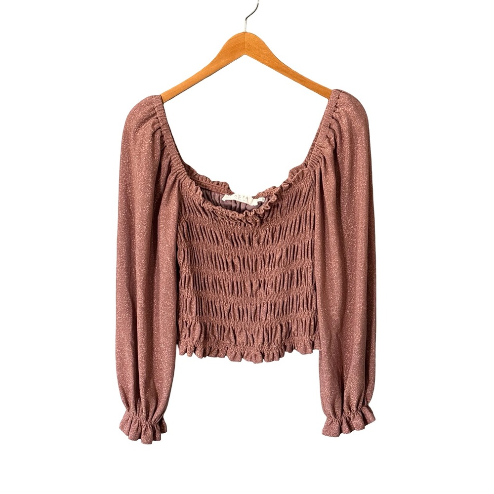 ASTR The Label‎ Metallic Pink SparkleSmocked Long Sleeve Crop Top